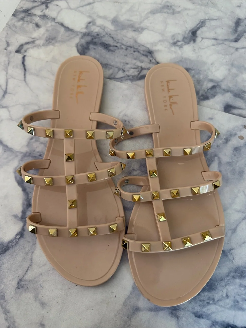 Nicole Miller Nude Patent Studded T-Strap Slide Sandals